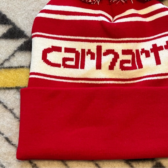 Carhartt Knit Pom Pom Cuffed Beanie Hat red and white striped Christmas NWT - Picture 2 of 10